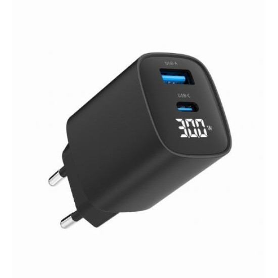 Ładowarka GaN 1xUSB-A 1xUSB-C LCD 30W PD QC3.0 czarna 