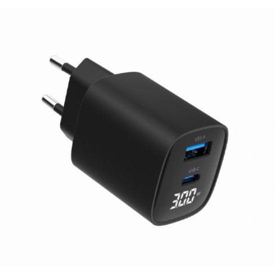Ładowarka GaN 1xUSB-A 1xUSB-C LCD 30W PD QC3.0 czarna 