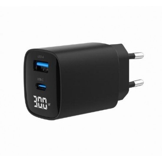 Ładowarka GaN 1xUSB-A 1xUSB-C LCD 30W PD QC3.0 czarna 