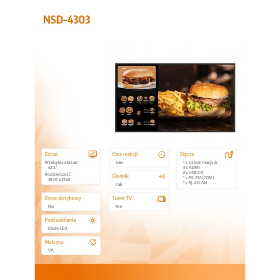 Monitor 43 cale NSD-4303 VA 3xHDMI 2xUSB2.0 1xRS-232 1xRJ-45LAN 1x3,5MINIJACK GŁOŚNIK
