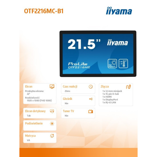Monitor 22 cale OTF2216MC-B1, VA,poj.10pkt.1100cd,IP65,outdoor, VGA, HDMI,DP,RJ45 