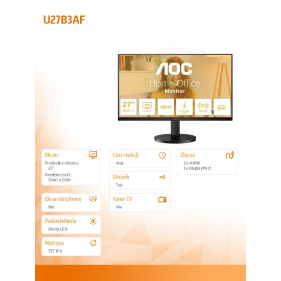 Monitor U27B3AF 27 cali IPS 4K HDMIx2 DP HAS Głośniki 