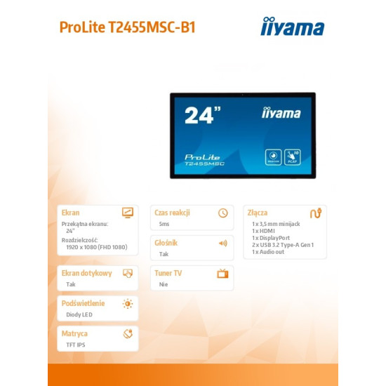 Monitor dotykowy 24 cale T2455MSC-B1 POJ.10PKT.IPS,HDMI,DP,USB3.0,CAM,MIC 