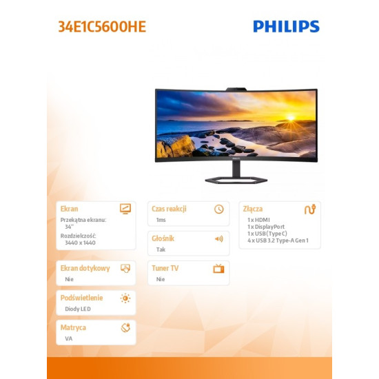 Monitor 34 cale 4E1C5600HE VA HDMI DP USB-C HAS Kamera Głośniki