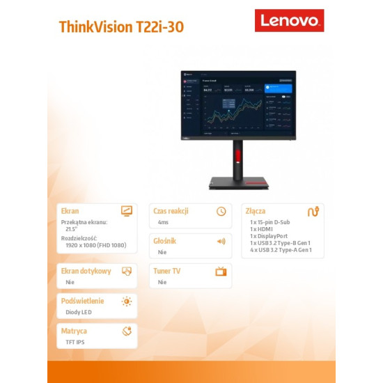 Monitor 21.5 cala ThinkVision T22i-30 WLED LCD 63B0MAT6EU 