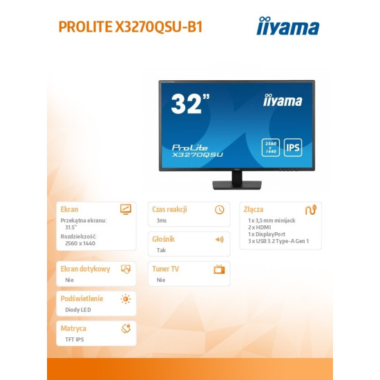 Monitor 32 cale X3270QSU-B1 IPS,WQHD,HDMI,DP,100Hz,250cd,3ms,2x2W,   3xUSB(3.2),FlickerFree,VESA 