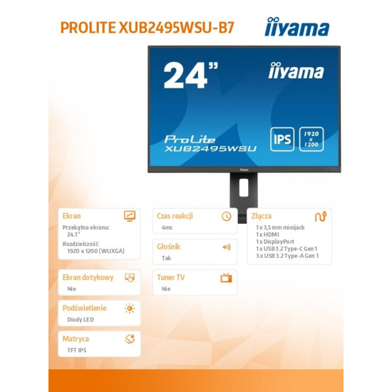 Monitor 24 cale XUB2495WSU-B7 IPS,16:10,300cd,4ms,HDMI,DP,3xUSB(3.2), 1xUSB-c,2x2W,FlickerFree,HAS(150mm) 