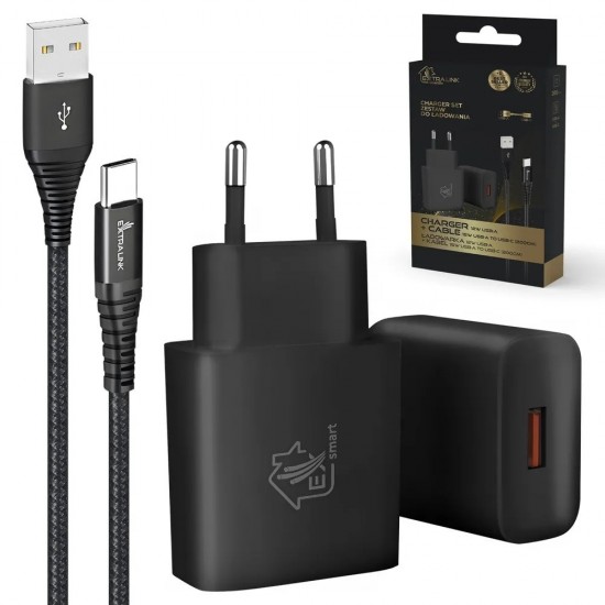 Zestaw Smart Life USB Type-A do Type-C, 200cm,Czarny + Ładowarka12W czarna 