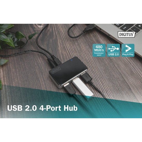 HUB/Koncentrator 4-portowy USB 2.0 HighSpeed, aktywny, czarno-srebrny