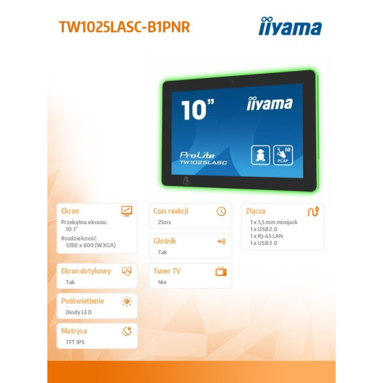 Monitor 10 cali TW1025ALASC B1PNR,10 punktów dotykowych IPS WiFi