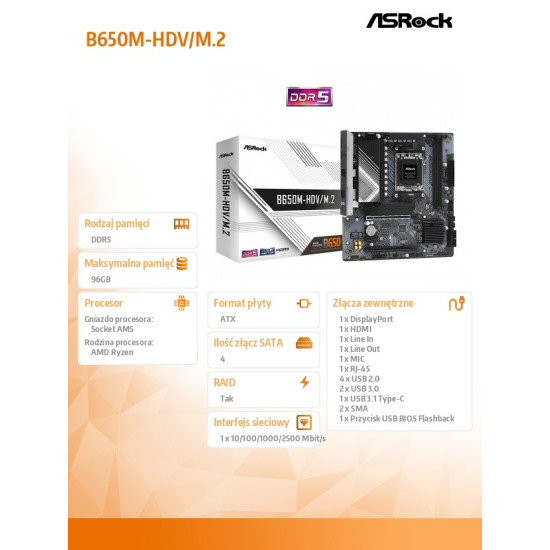 Płyta główna B650M-HDV/M.2 AM5 2DDR5 HDMI/DP mATX 