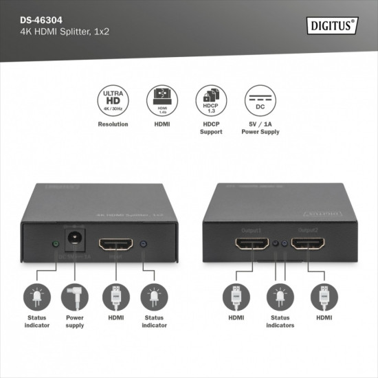 Rozdzielacz/Splitter HDMI 2-portowy, 4K 30Hz UHD 3D, HDCP 1.3, audio