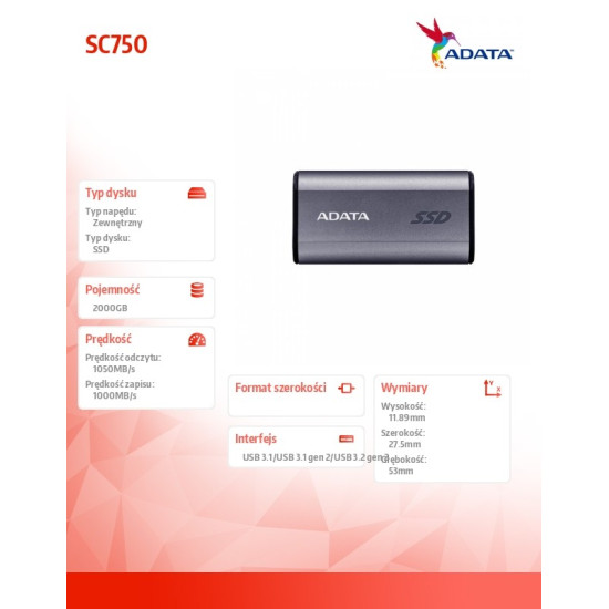 Dysk zewnętrzny SSD SC750 2000G USB3.2C 1050/1000 MB/s