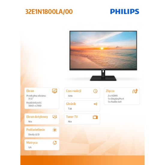 Monitor 32E1N1800LA VA 31.5 cala 4K HDMIx2 DP Głośniki 