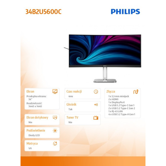 Monitor 34B2U5600C 34 cale Curved VA HDMIx2 DP HAS USB-C Głośniki