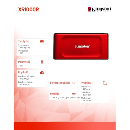 Dysk SSD XS1000R 2TB USB3.2 Gen2.2 Zewnętrzny Red 