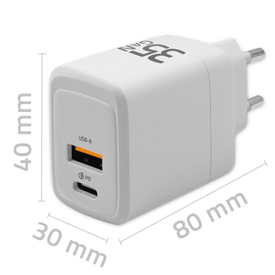 Ładowarka sieciowa 35W GaN | 5-20V | 1.5-3A | 1xUSB-C PD | 1xUSB QC 3.0 | Biała 