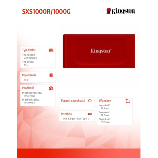 Dysk SSD XS1000R 1TB USB3.2 Gen2.2 Zewnętrzny Red