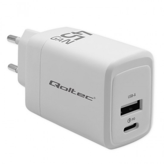 Ładowarka sieciowa 45W GaN | 5-20V | 1.5-3A | 1xUSB-C PD | 1xUSB QC 3.0 | Biała 