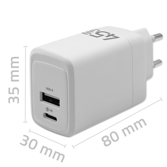 Ładowarka sieciowa 45W GaN | 5-20V | 1.5-3A | 1xUSB-C PD | 1xUSB QC 3.0 | Biała 