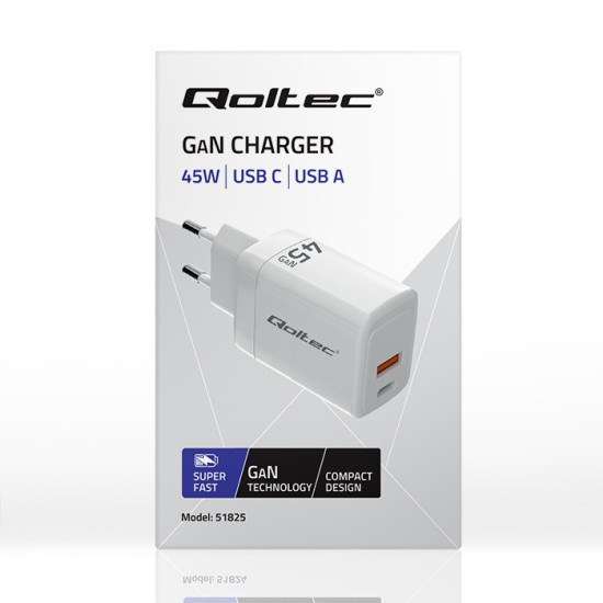 Ładowarka sieciowa 45W GaN | 5-20V | 1.5-3A | 1xUSB-C PD | 1xUSB QC 3.0 | Biała 