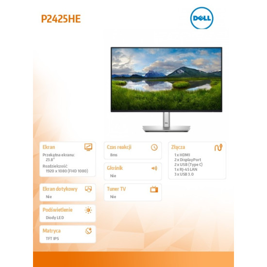 Monitor 24 cale P2425HE LED IPS 1920x1080/16:9/USBC/RJ45/HDMI/DP/USB/3Y 