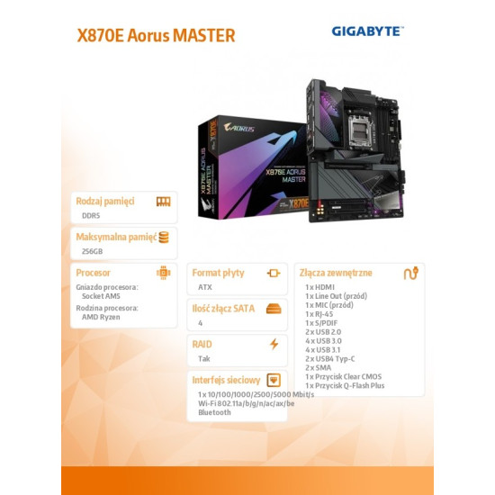 Płyta główna X870E AORUS MASTER  AM5 4DDR5 HDMI/USB-C ATX 