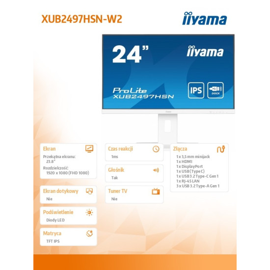 Monitor 24 cale XUB2497HSN-W2 IPS, USB-C Dock, HDMI, DP, 300cd, Pivot, HAS, biały