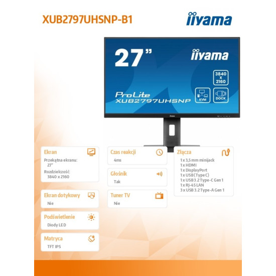 Monitor 27 cali XUB2797UHSNP-B1, 4K, IPS, DP, HDMI, USB-C, Pivot, HAS