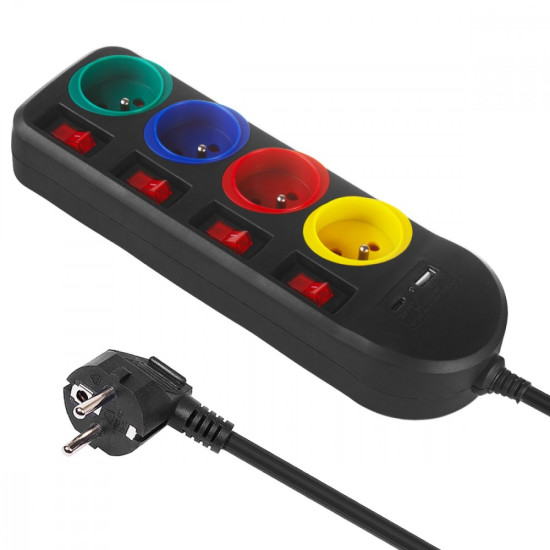 Przedłużacz 1,5m 250VAC 10A 4 gniazda MCE508 B Port USB-C Quick charge 2.0 IP20 