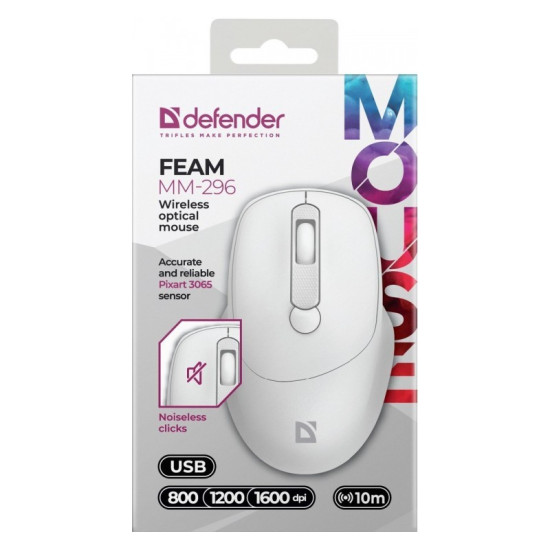 Mysz bezprzewodowa silent click FEAM MM-296 RF 1600 DPI Biała 