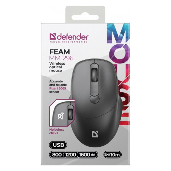 Mysz bezprzewodowa silent click FEAM MM-296 RF 1600 DPI Czarna 