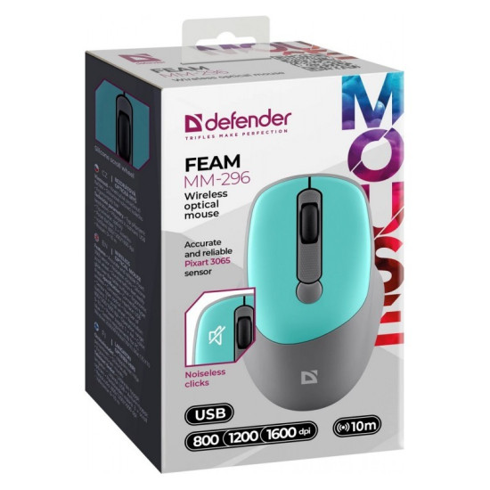 Mysz bezprzewodowa silent click FEAM MM-296 RF 1600 DPI Miętowa 