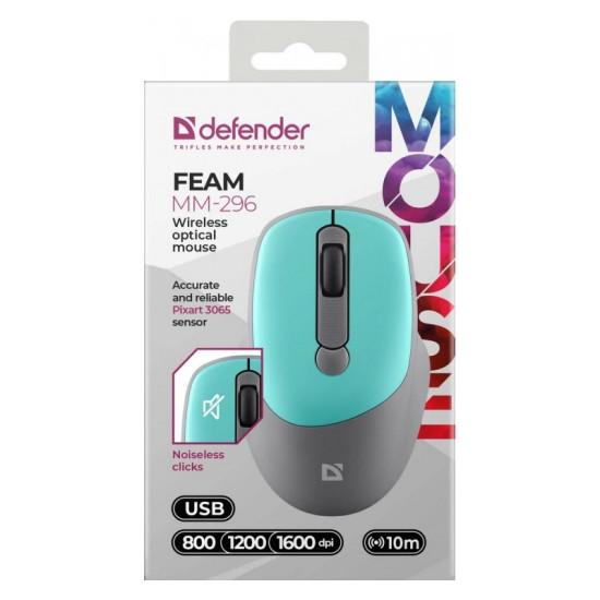 Mysz bezprzewodowa silent click FEAM MM-296 RF 1600 DPI Miętowa 