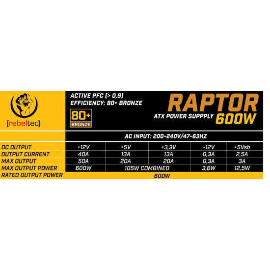 Zasilacz ATX RAPTOR 600W BRONZE 80+,Single Rail, DC-DC 