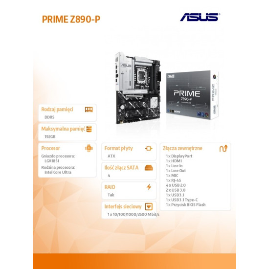 Płyta główna PRIME Z890-P s1851 4DDR 5 DP/HDMI/DP/TB4 ATX /90MB1I50-M0EAY0 