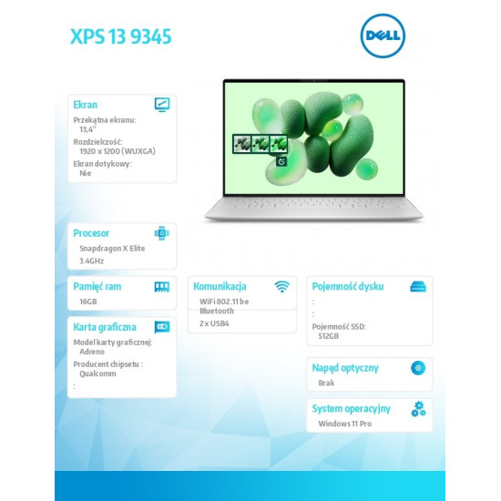 Laptop XPS 13 9345 Win11Pro XELITE12C/16GB/512GB SSD/13.4 FHD+ AntiGlare/UMA GPU/FgrPr/FHD/IR Cam/Mic/WLAN + BT/Backlit Kb/3 Cell/3Y ProSupport