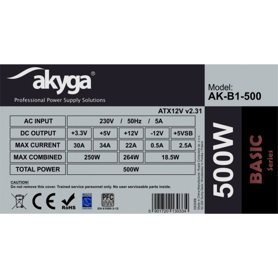 Zasilacz ATX 500W AK-B1-500 P4 PCI-E 6+2 pin 3x SATA 2x Molex PPFC  FAN 12cm