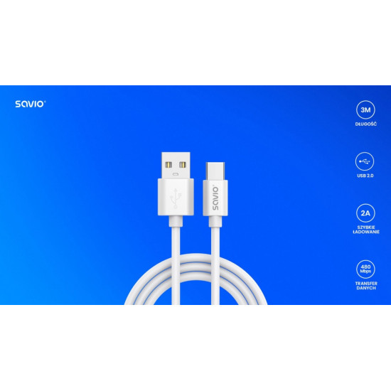 Kabel USB-A - USB-C, 2A, 3m,  CL-168