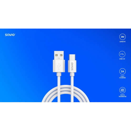 Kabel USB-A - USB-C, 2A, 3m,  CL-168