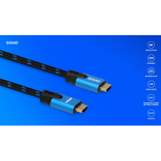 Kabel HDMI (M) v2.1, 3m, 8K, miedź, niebiesko-czarny, złote końcówki, ethernet/3D, CL-143