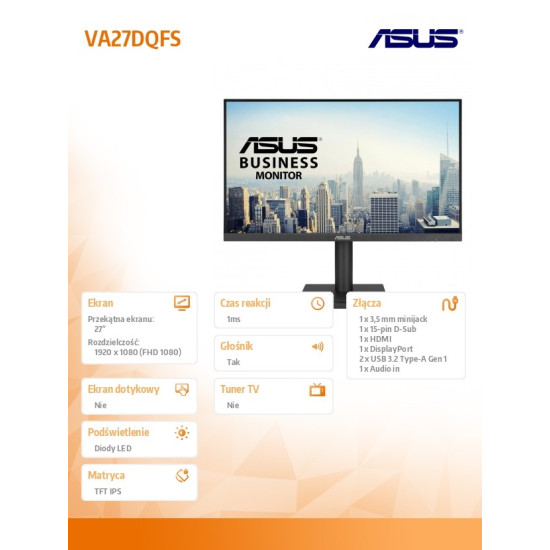 Monitor 27 cali VA27DQFS IPS HDMI DP 100Hz