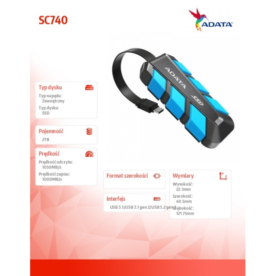 Dysk zewnętrzny SSD SC740 2TB U3.2C 1050/1000 MB/s niebieski
