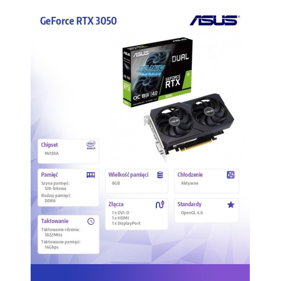 Karta graficzna GeForce RTX 3050 DUAL OC V2 8GB GDDR6 128Bit DVI-D/HDMI/DP