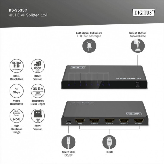 Rozdzielacz/Splitter HDMI 1x4, 4K/60Hz UHD z HDR, 18 Gbps, HDCP 2.2, EDID