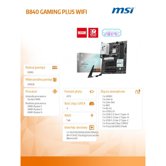 Płyta główna B840 GAMING PLUS WIFI 4 DDR5 AM5 ATX 
