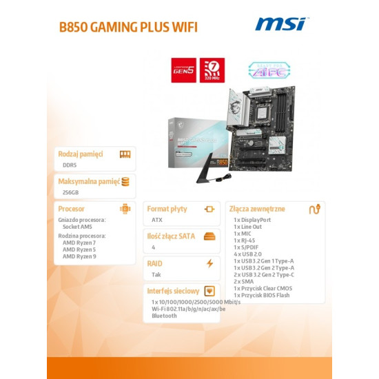 Płyta główna B850 GAMING PLUS WIFI A M5 4DDR5 ATX 