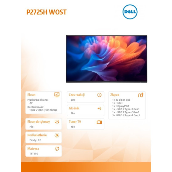 Monitor 27 cali P2725HWO IPS LED FullHD(1920x1080)/16:9/HDMI/DP/USB-C/ VGA/USB/Bez podstawy/3Y