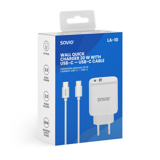 Ładowarka sieciowa LA-10 30W Quick Charge Power Delivery 3.0 Biała + Kabel