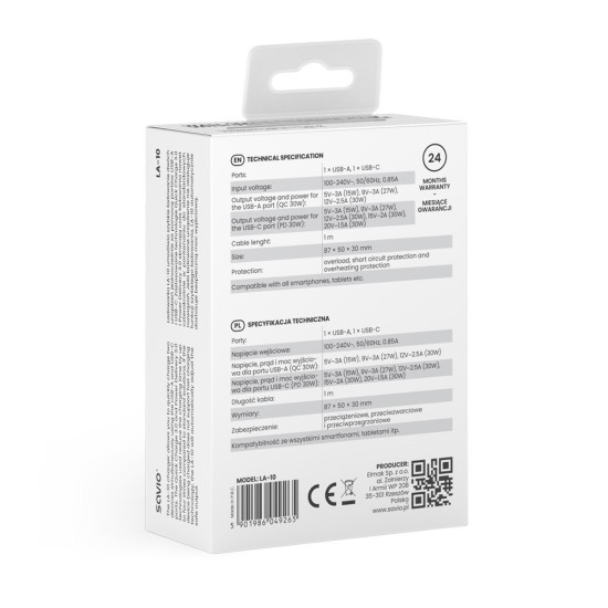 Ładowarka sieciowa LA-10 30W Quick Charge Power Delivery 3.0 Biała + Kabel